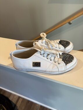 G by Guess White Sneakers with Black Glitter Toe Caps